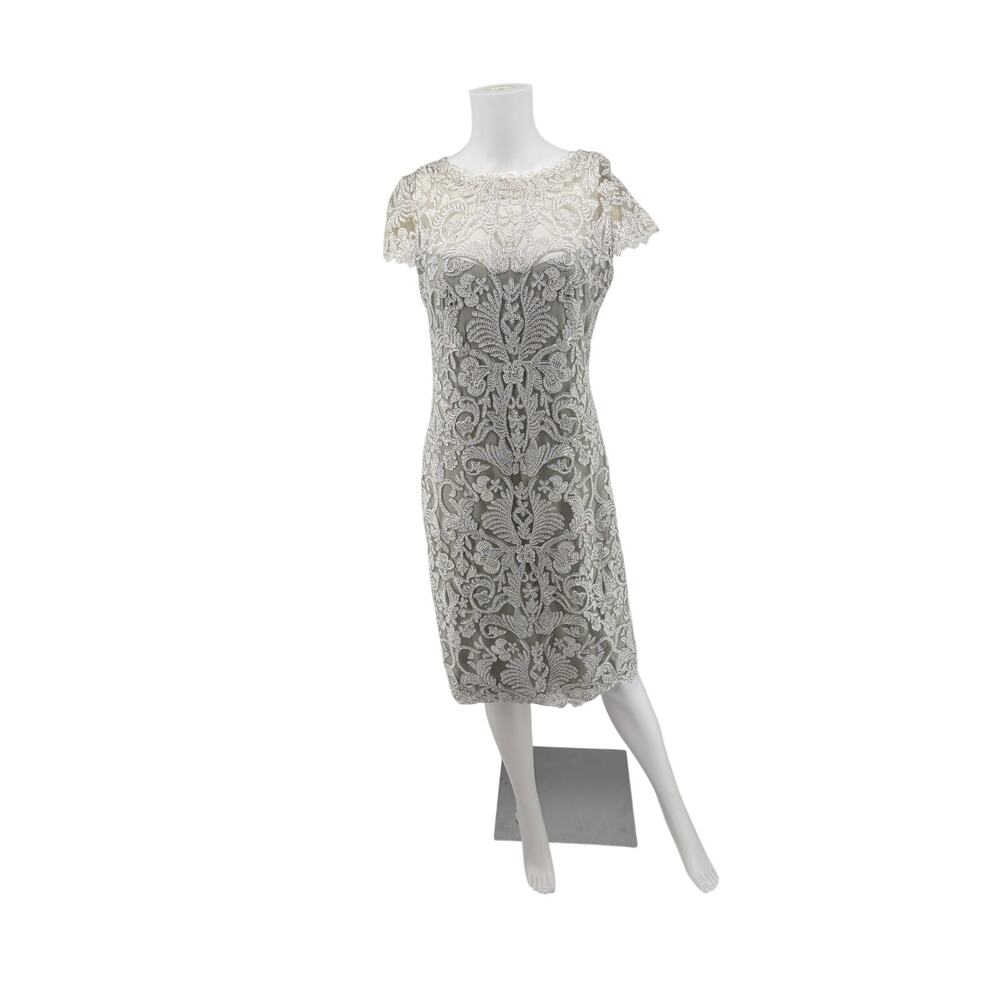 Tadashi Shoji Silver Lace Sheath Dress - Illusion Neckline Size 8